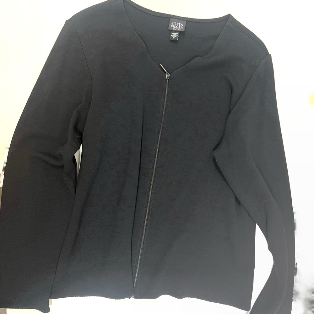 Eileen Fisher Classic Prep Wool Blend Black Zip Up Relaxed Cardigan Sz Medium
